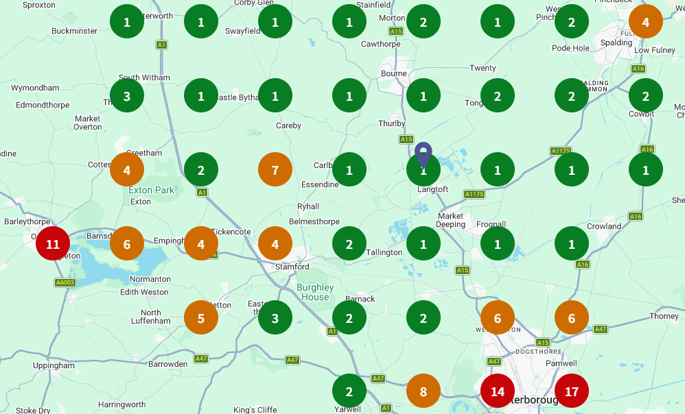 AJS Glass and Glazing local search ranking grid showing position one across Langtoft and Bourne